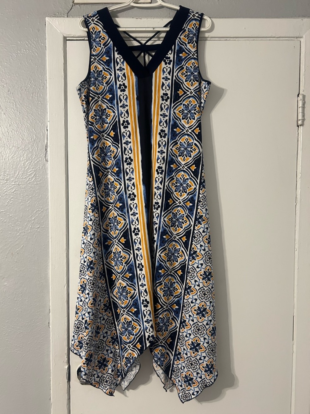 PerSeption Concept Navy, White & Mustard Asymmetrical Handkerchief Dress